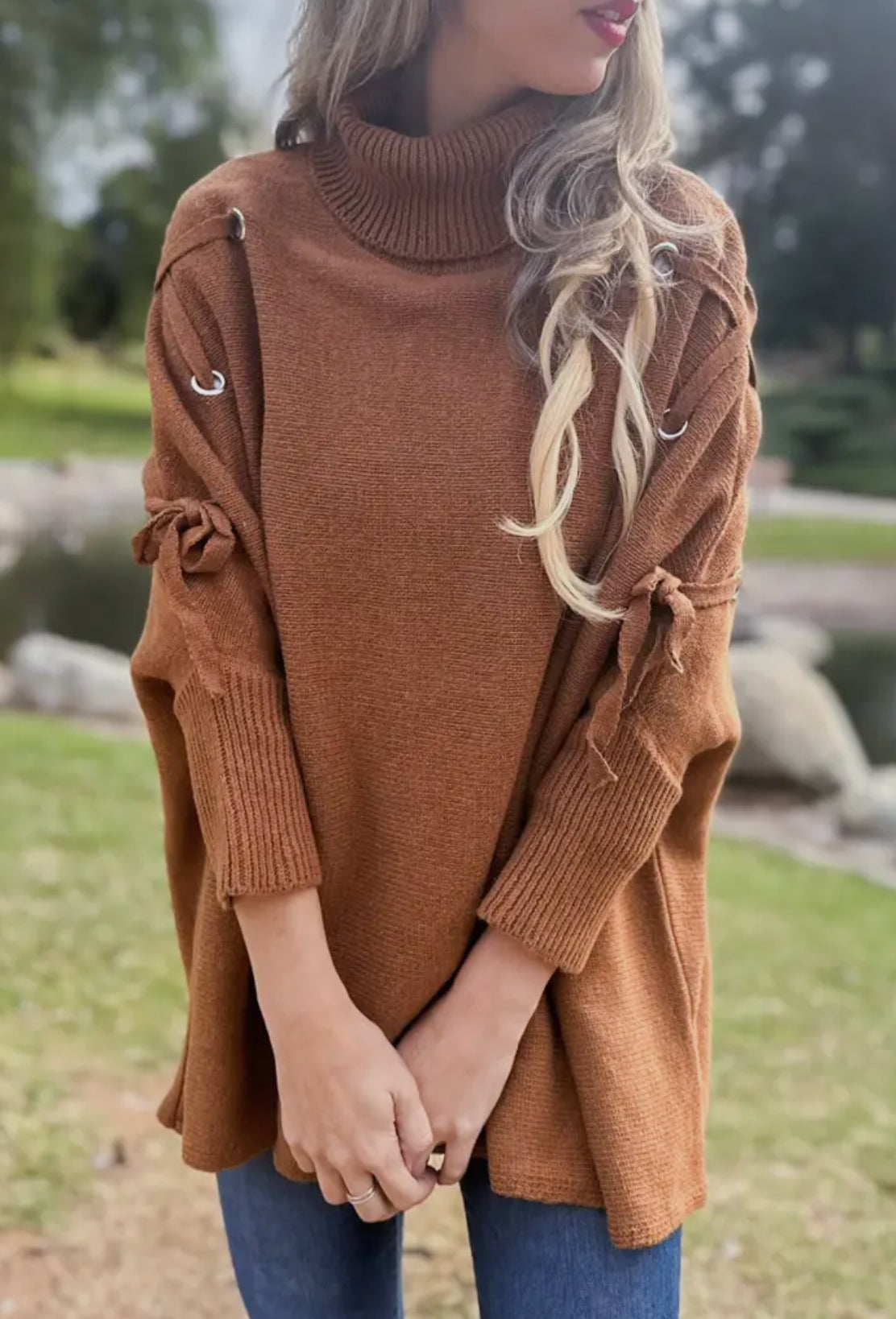 Cognac One Size Lace-Up Sleeve Turtleneck Knitted Poncho Top