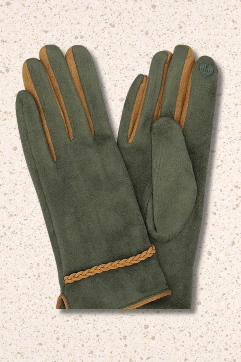 Olive/Camel Suede Smart Touch Gloves with Braided Band