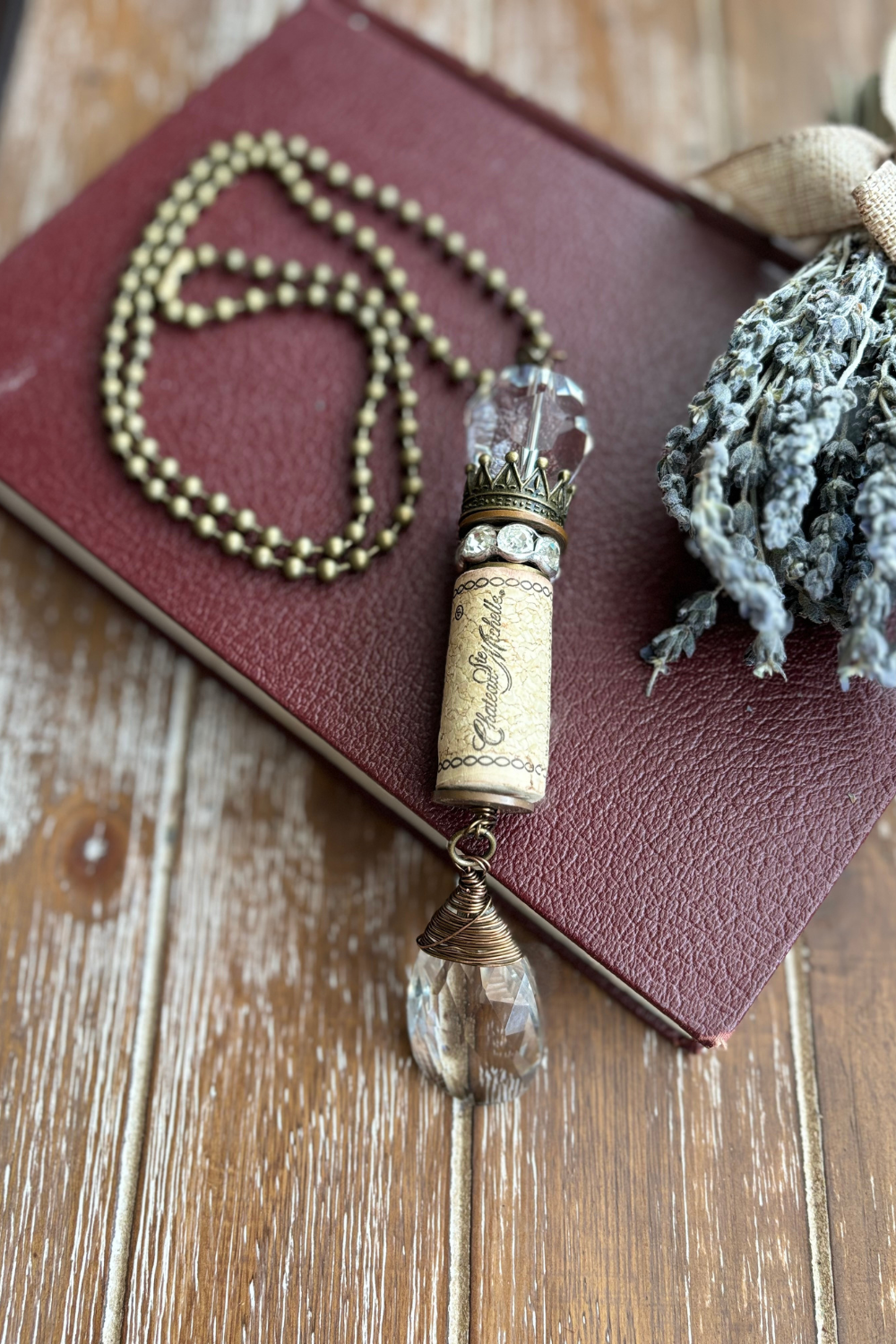 Crystals with Cork on Jumbo Ball Chain Necklace Handmade