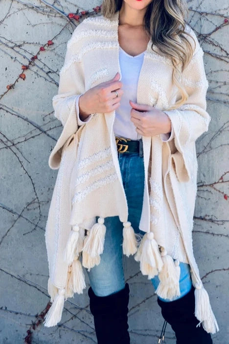 Cream Textured Knit Tassel Serenity Wrap