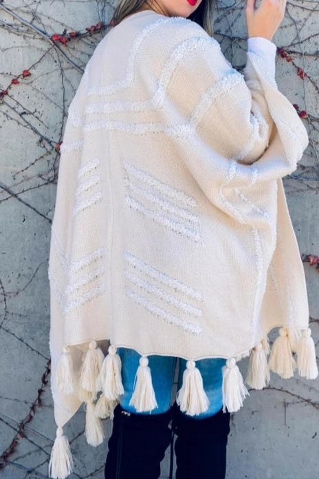 One Size Textured Pattern Cardigan Wrap with Chunky Tassels